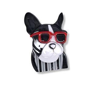 Signed by Artist Boston Terrier Acrylic Red Glasses Dog Brooch Pin